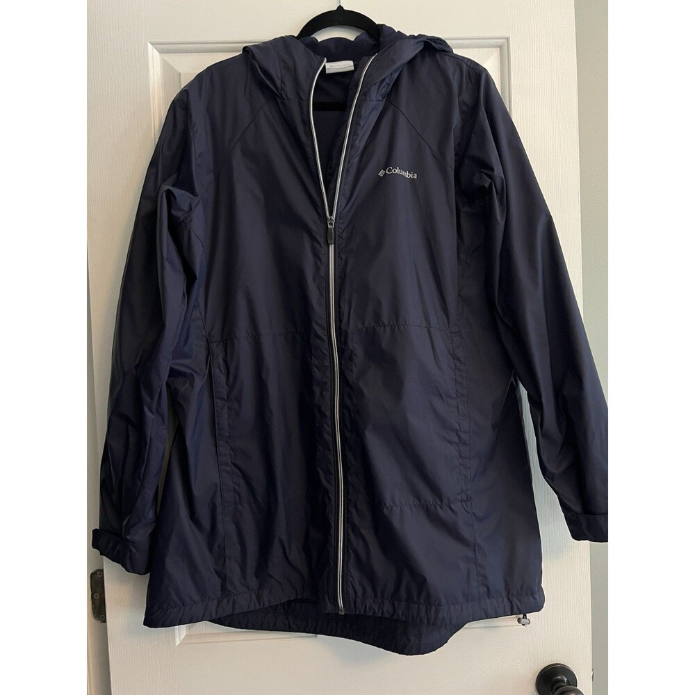 Columbia Womens 2XL Navy Long Rain Jacket Parka Hooded Windbreaker Switchback
